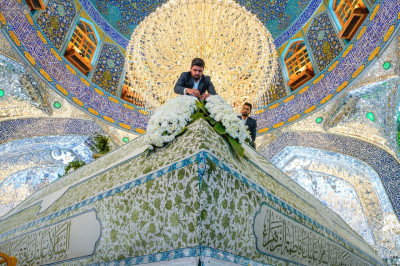 Imam Ali Holy Shrine adorned with flowers in celebration of his auspicious birth anniversary on the 13th of Rajab